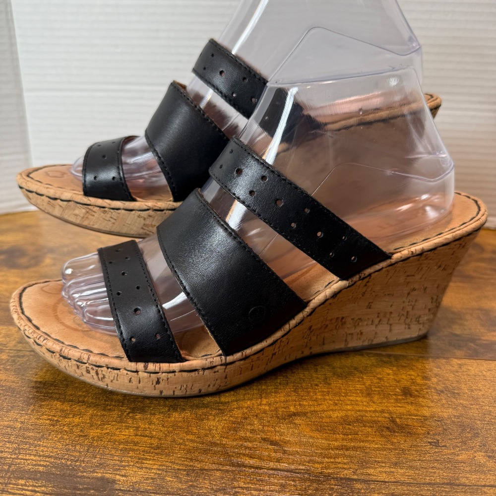 Born Black Leather Cork Wedge Sandals Women's‎ Size 10 Slide Comfort Shoes Boho
